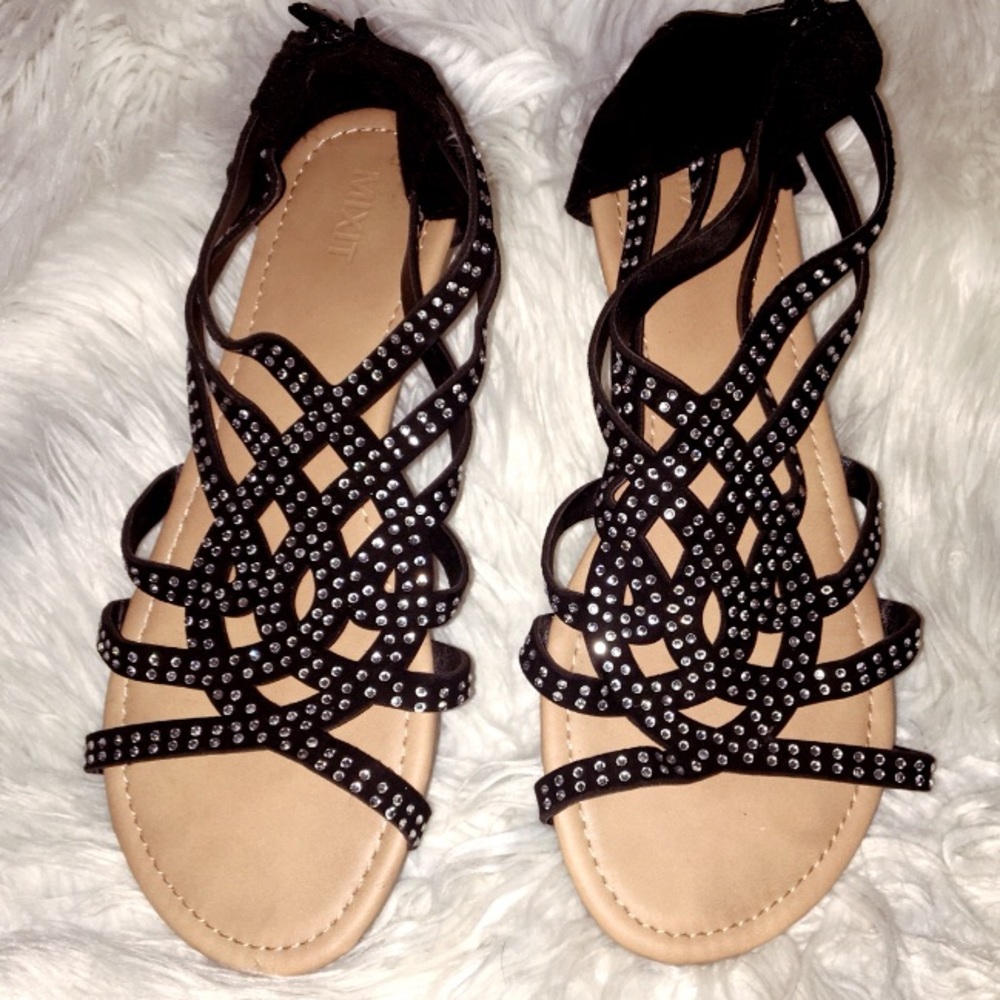 BLACK RHINESTONE GLADIATOR SANDALS